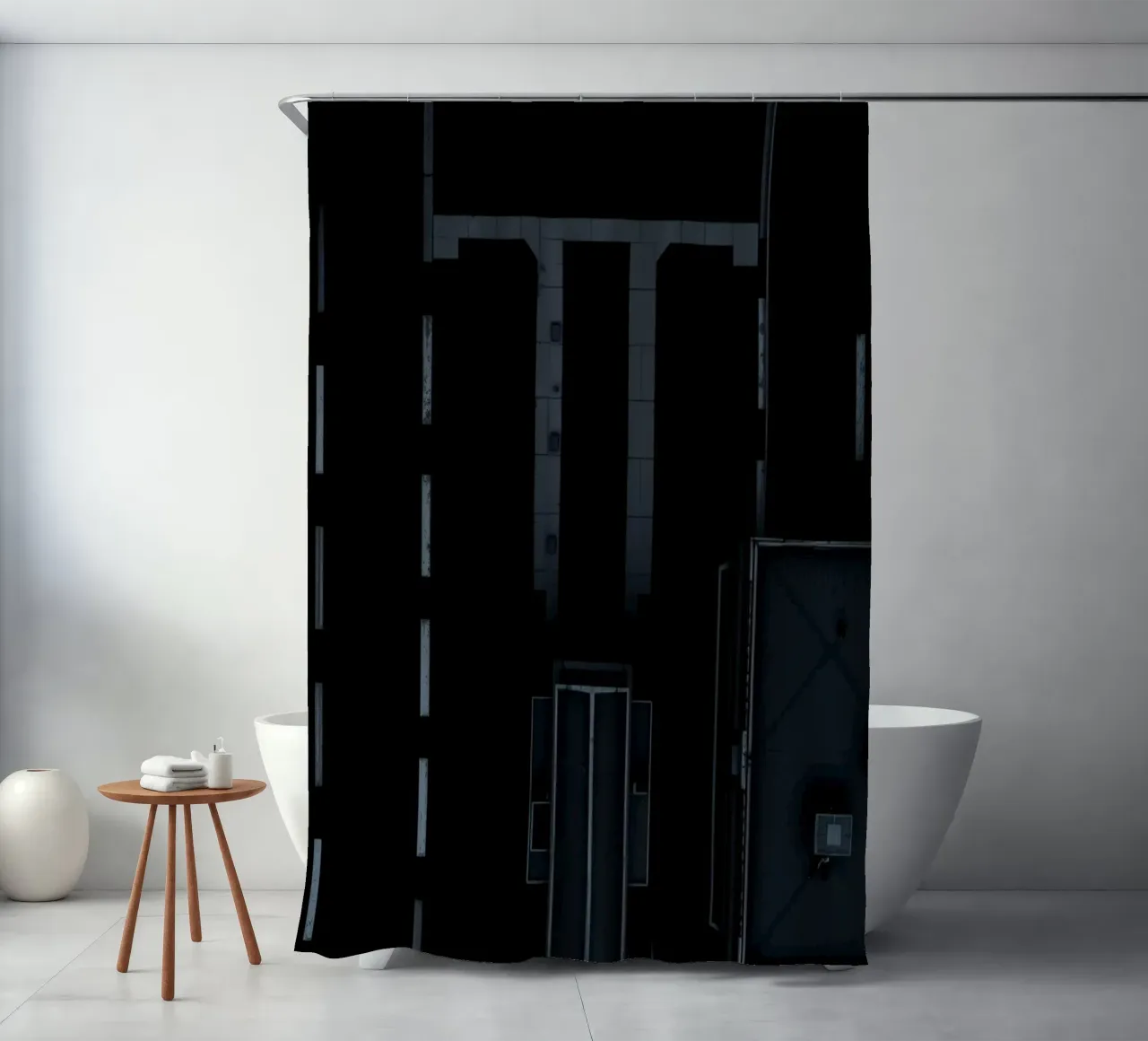 Exploration d'une zone urbaine sombre avec une route et un bâtiment abstraits rideau de douche de DesignDoodle