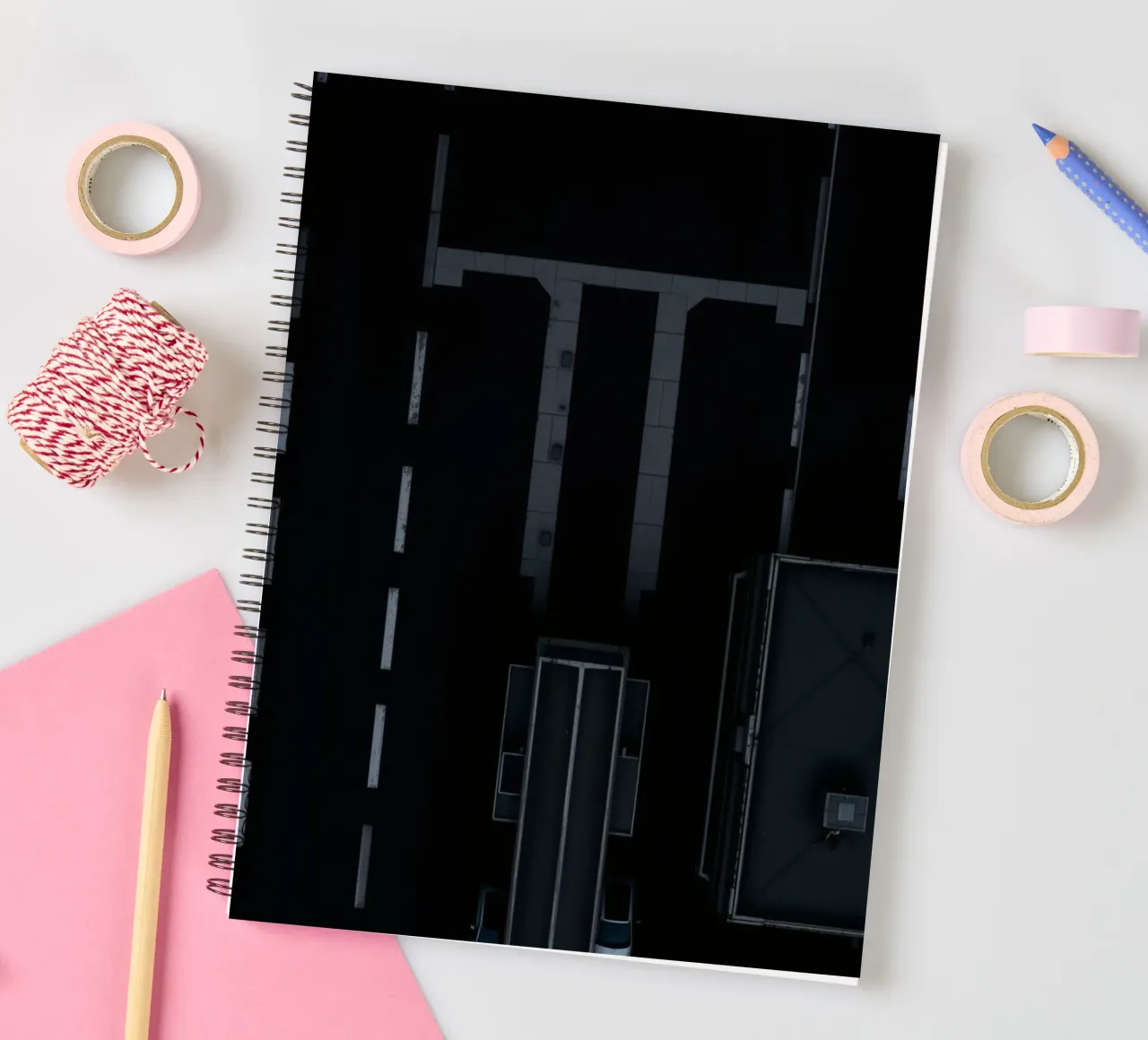 Exploring dark urban with abstract road and building spiral notebook by DesignDoodle