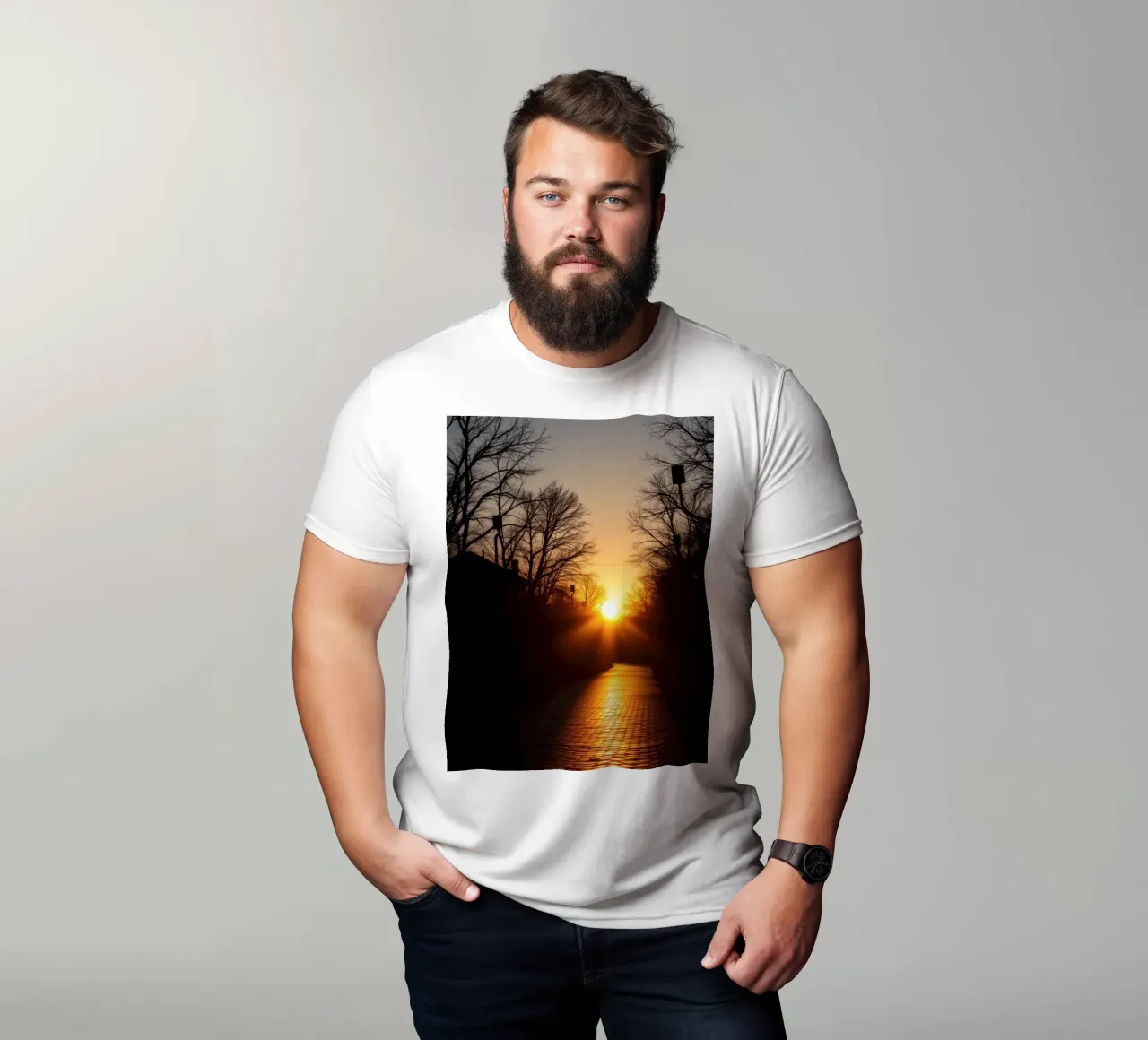 Sunset view along a tree-lined pathway with warm hues t-shirt by DesignDoodle