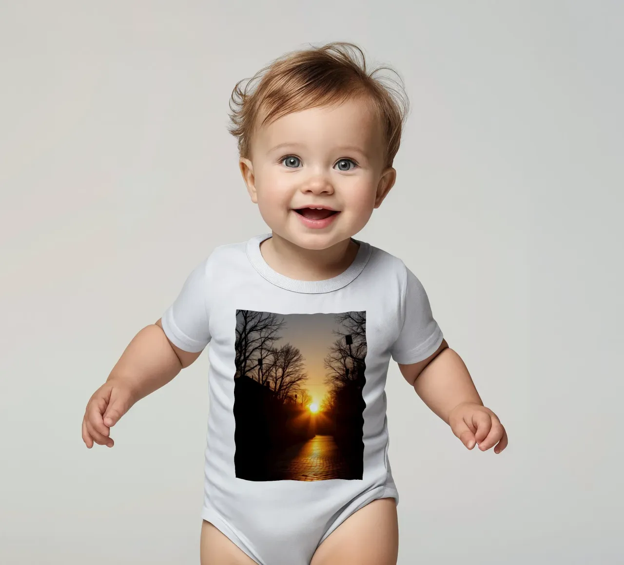Sunset view along a tree-lined pathway with warm hues short-sleeve baby romper by DesignDoodle