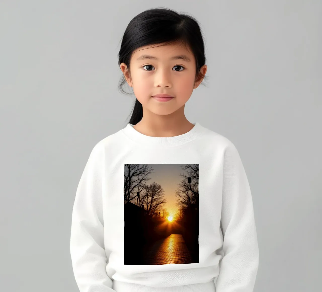 Sunset view along a tree-lined pathway with warm hues kids sweatshirt by DesignDoodle