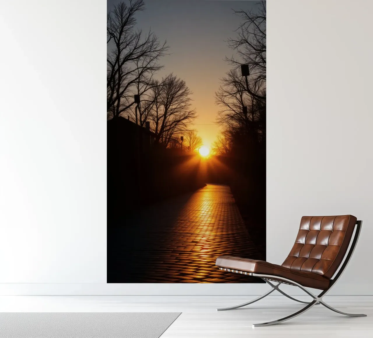 Sunset view along a tree-lined pathway with warm hues photo wallpaper by DesignDoodle