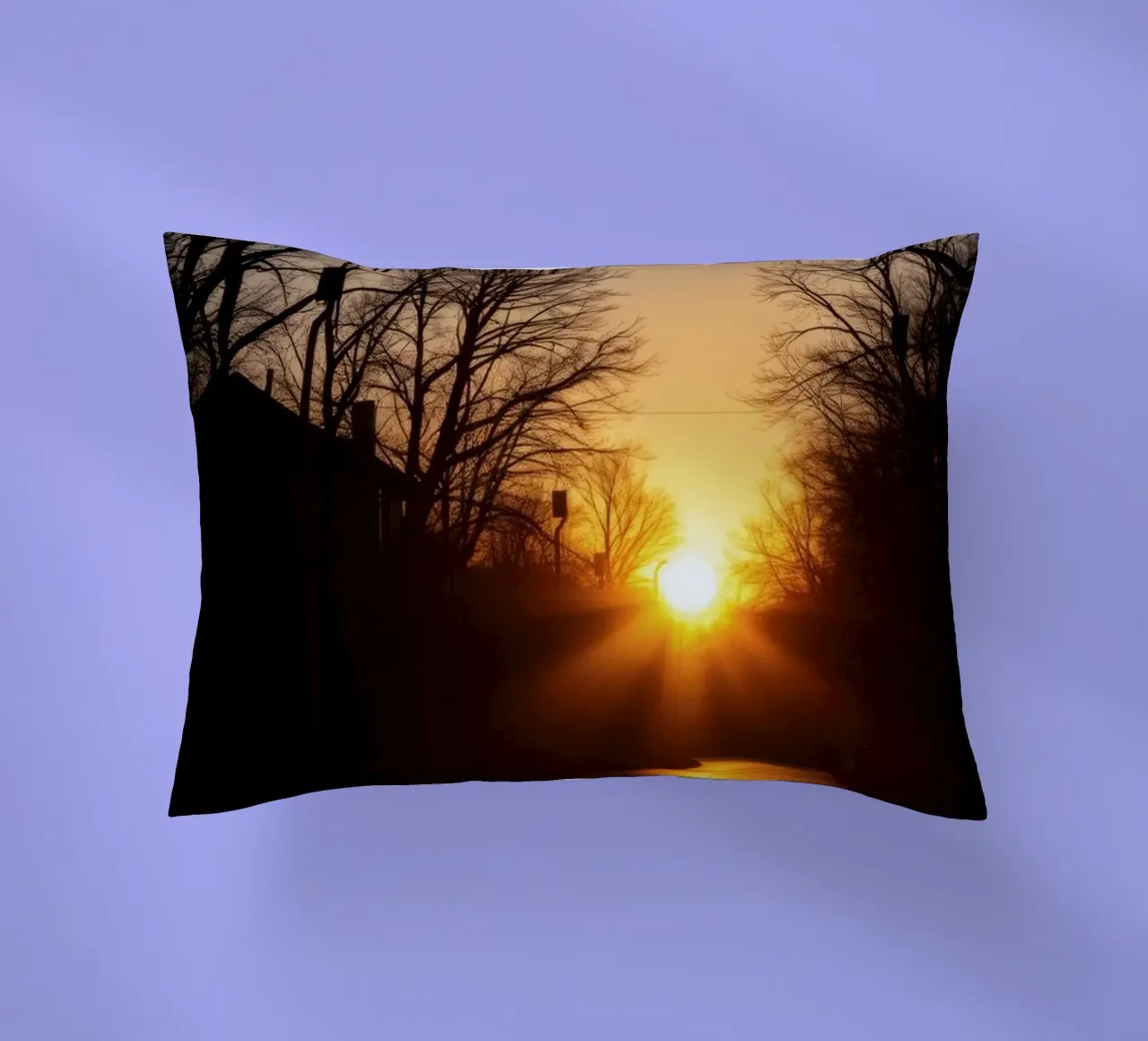 Sunset view along a tree-lined pathway with warm hues decorative cushion by DesignDoodle