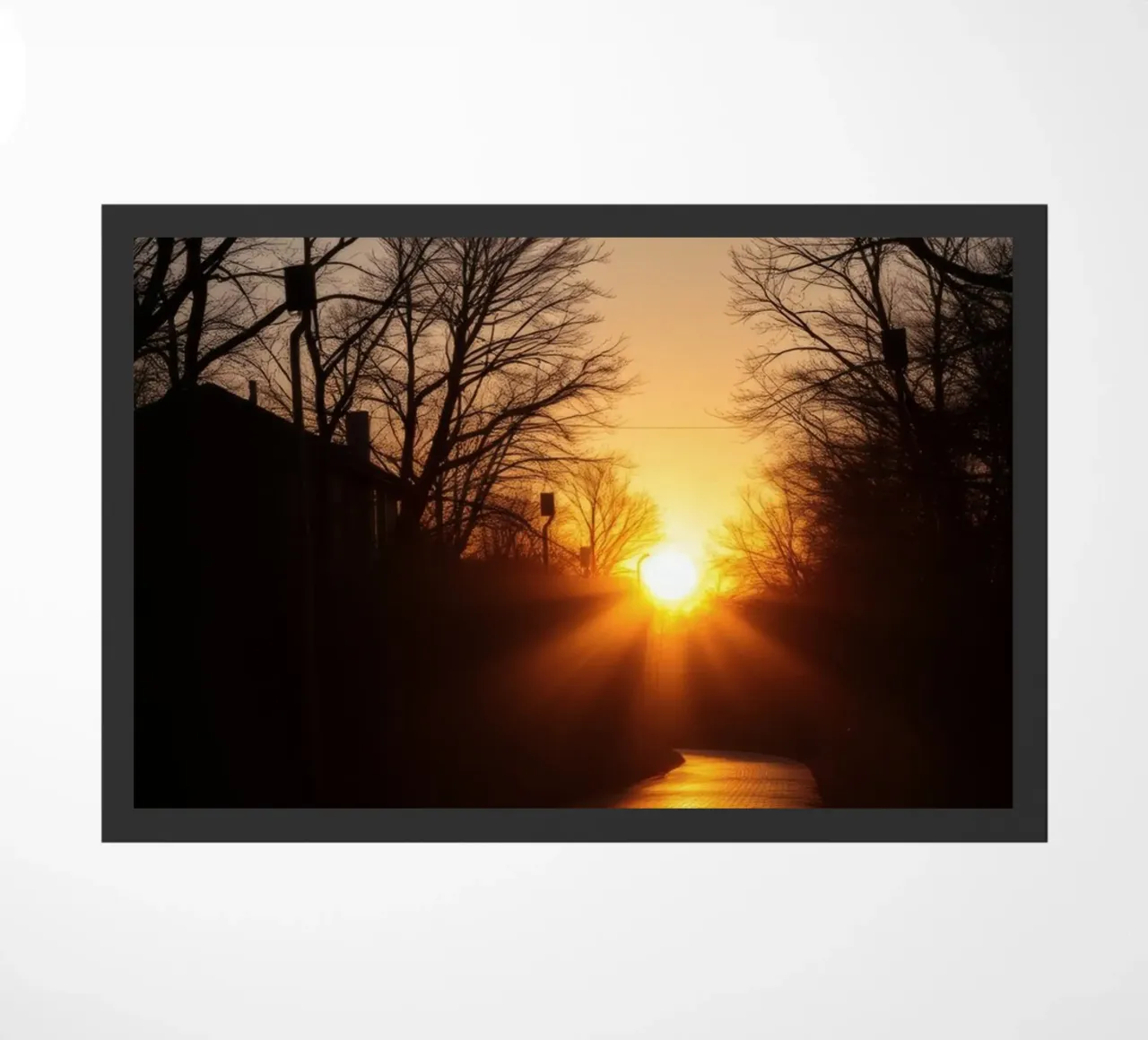 Sunset view along a tree-lined pathway with warm hues doormat by DesignDoodle
