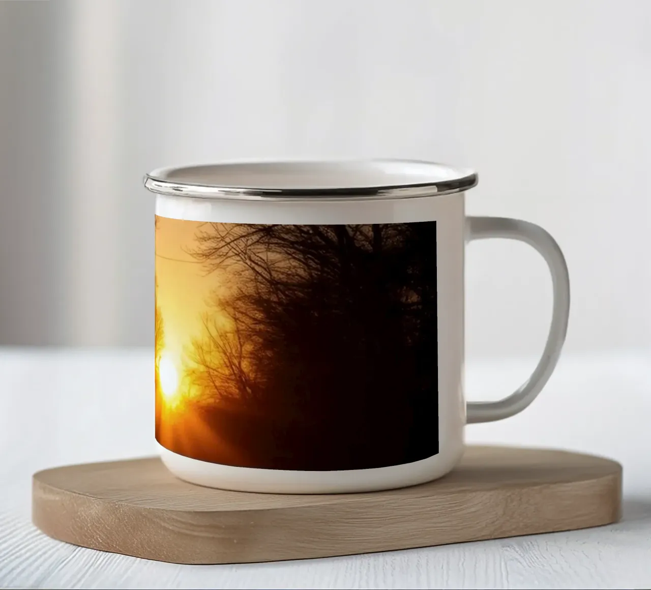 Sunset view along a tree-lined pathway with warm hues enamel mug by DesignDoodle