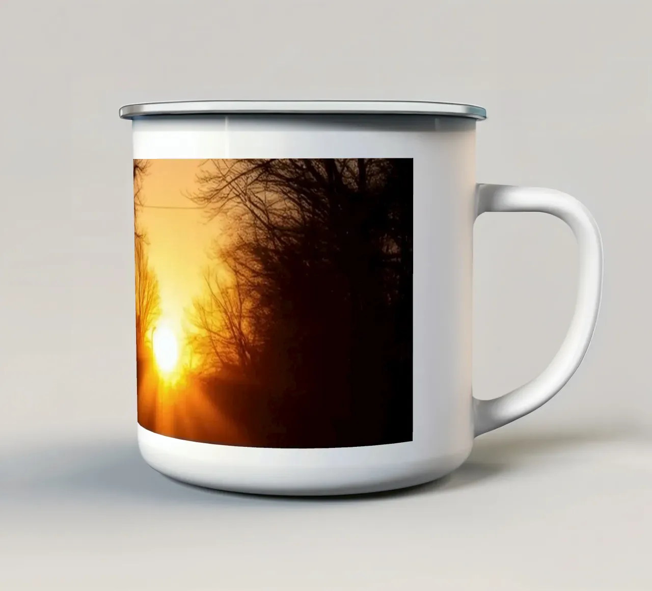 Sunset view along a tree-lined pathway with warm hues enamel mug by DesignDoodle