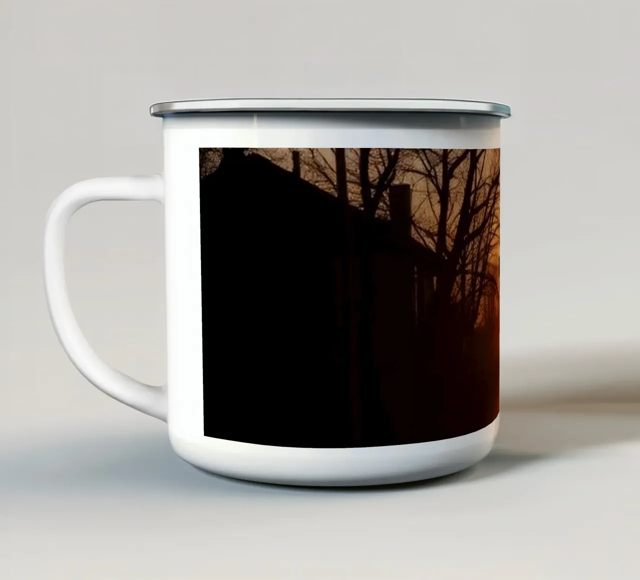 Sunset view along a tree-lined pathway with warm hues enamel mug by DesignDoodle