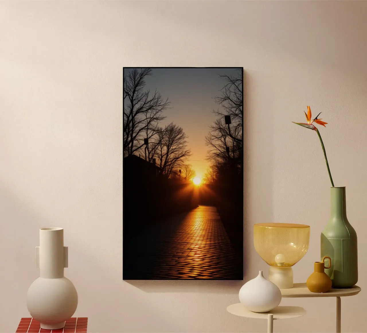 Vista del atardecer a lo largo de un camino arbolado con tonos cálidos metacrilato de DesignDoodle