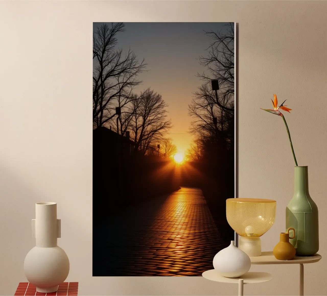 Sunset view along a tree-lined pathway with warm hues alu-dibond by DesignDoodle
