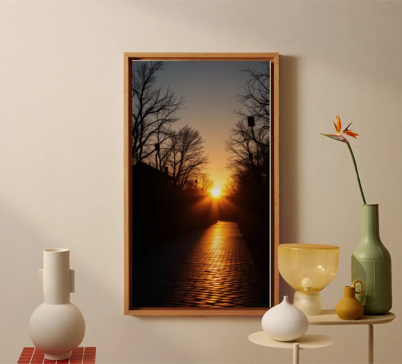 Sunset view along a tree-lined pathway with warm hues canvas by DesignDoodle