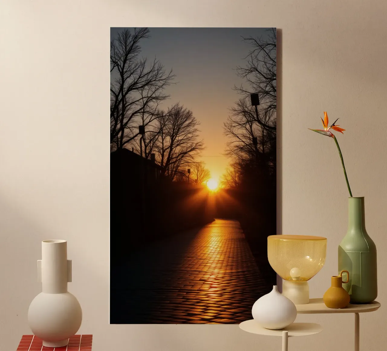 Sunset view along a tree-lined pathway with warm hues canvas by DesignDoodle