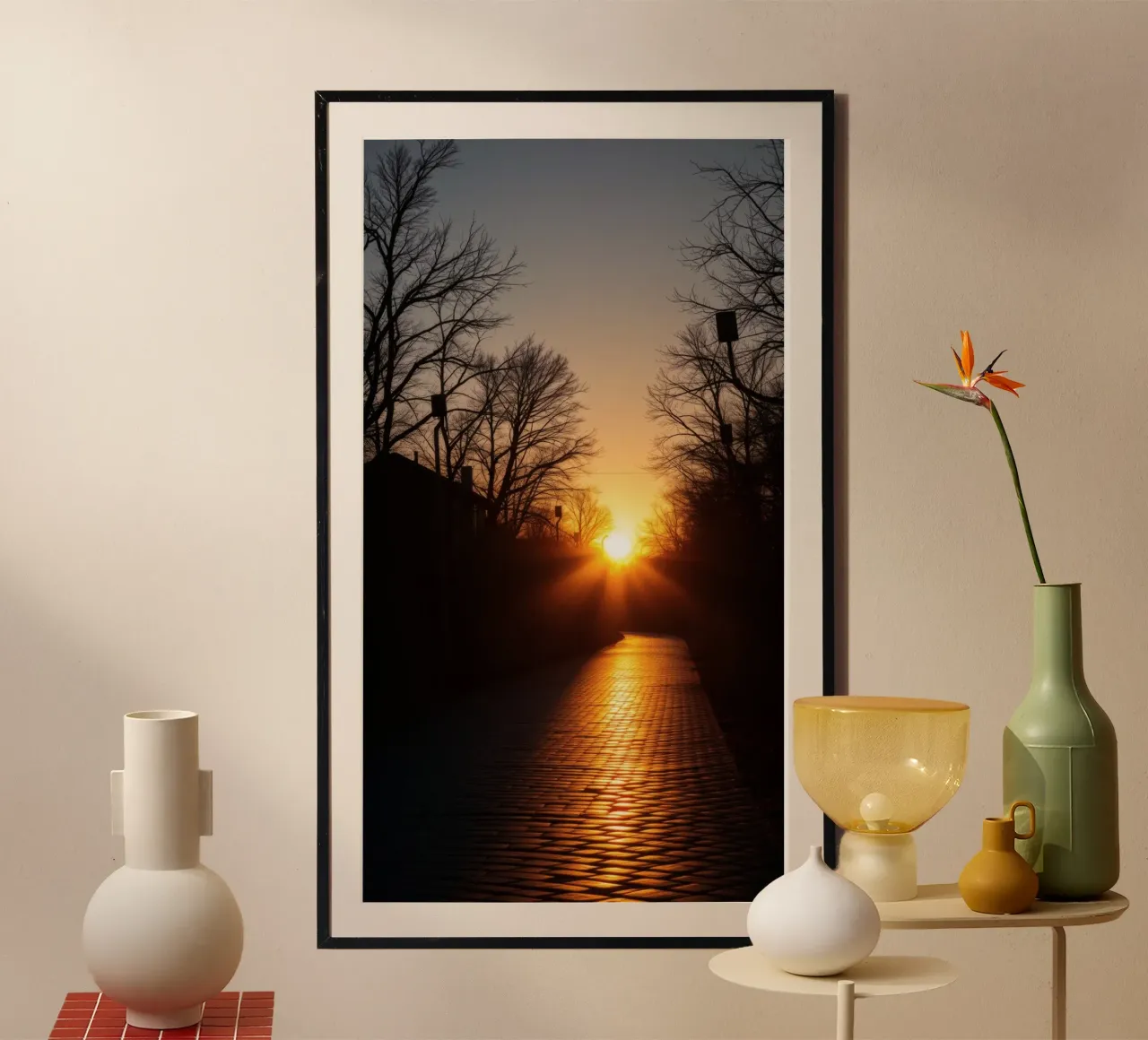 Sunset view along a tree-lined pathway with warm hues hahnemühle by DesignDoodle