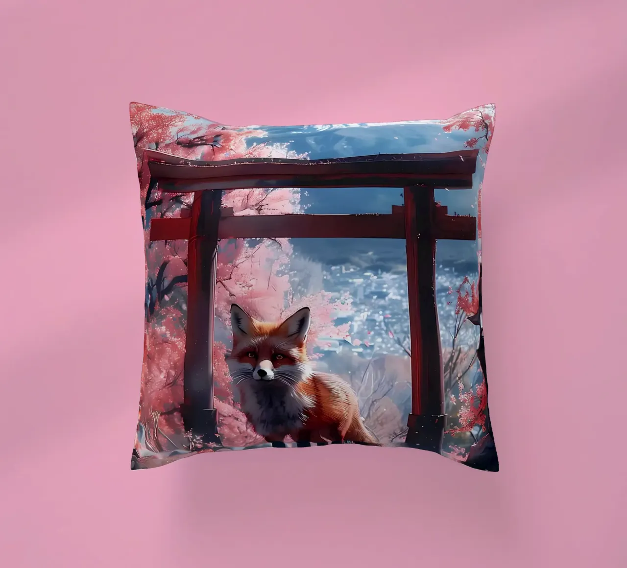 Fox at Torii Gate decorative cushion by Ginnery