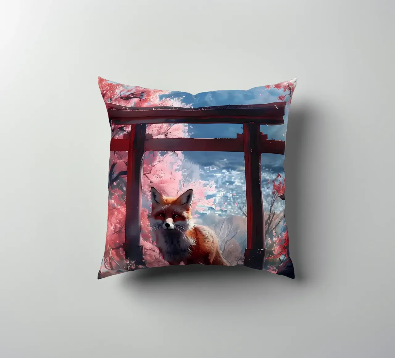 Fox at Torii Gate decorative cushion by Ginnery