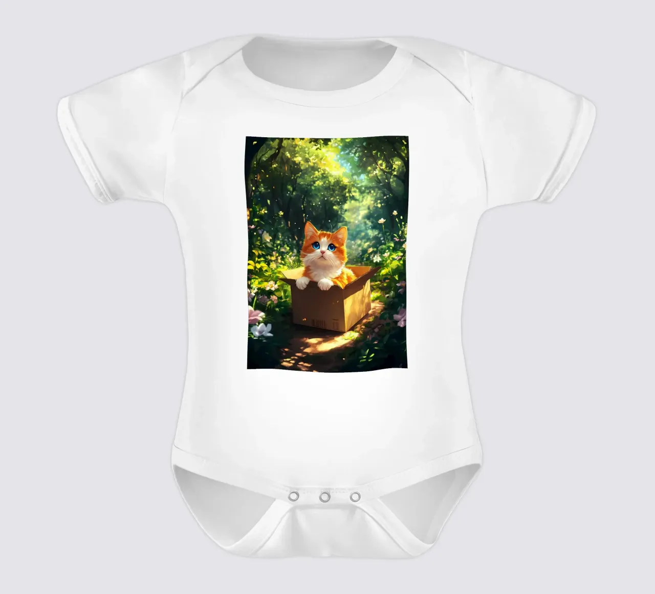 Gatto su una scatola nella foresta body neonato maniche corte da Ginnery