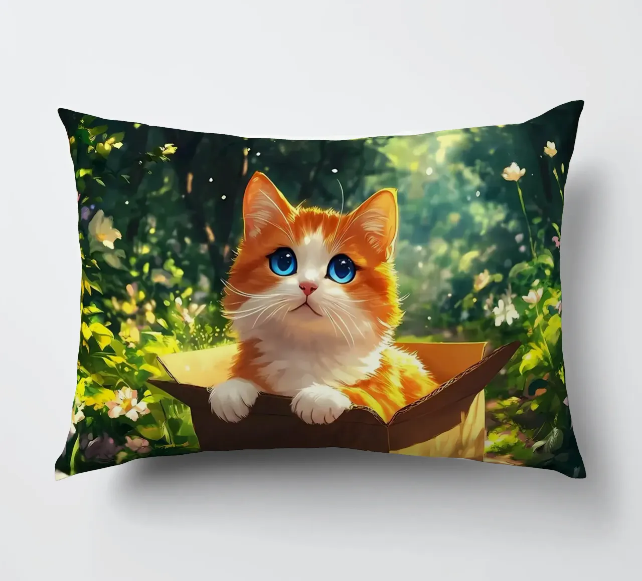 Gatto su una scatola nella foresta cuscino da Ginnery