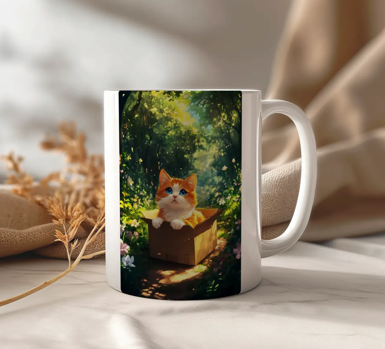 Gatto su una scatola nella foresta tazza in ceramica da Ginnery