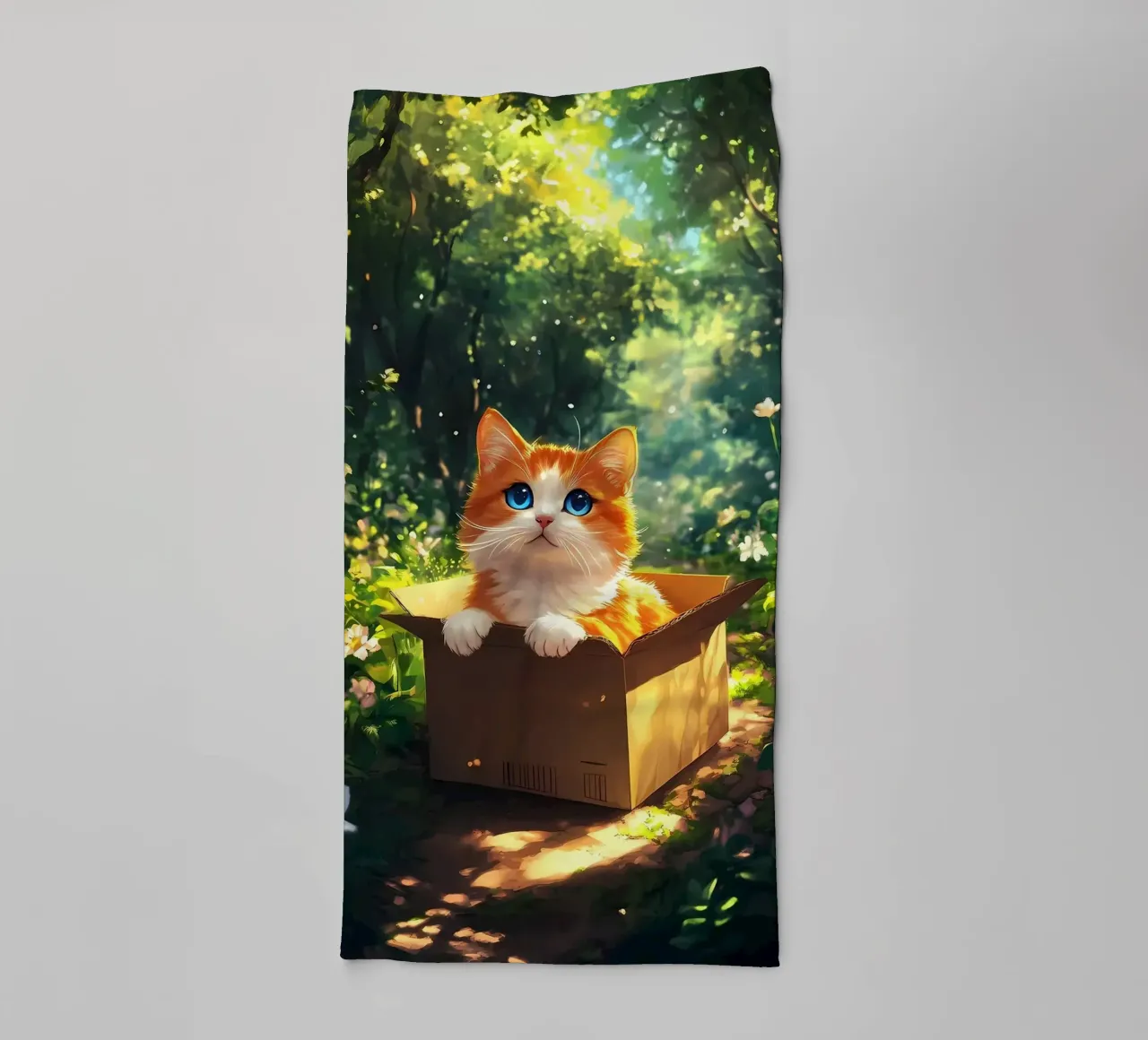 Gatto su una scatola nella foresta asciugamano da bagno da Ginnery