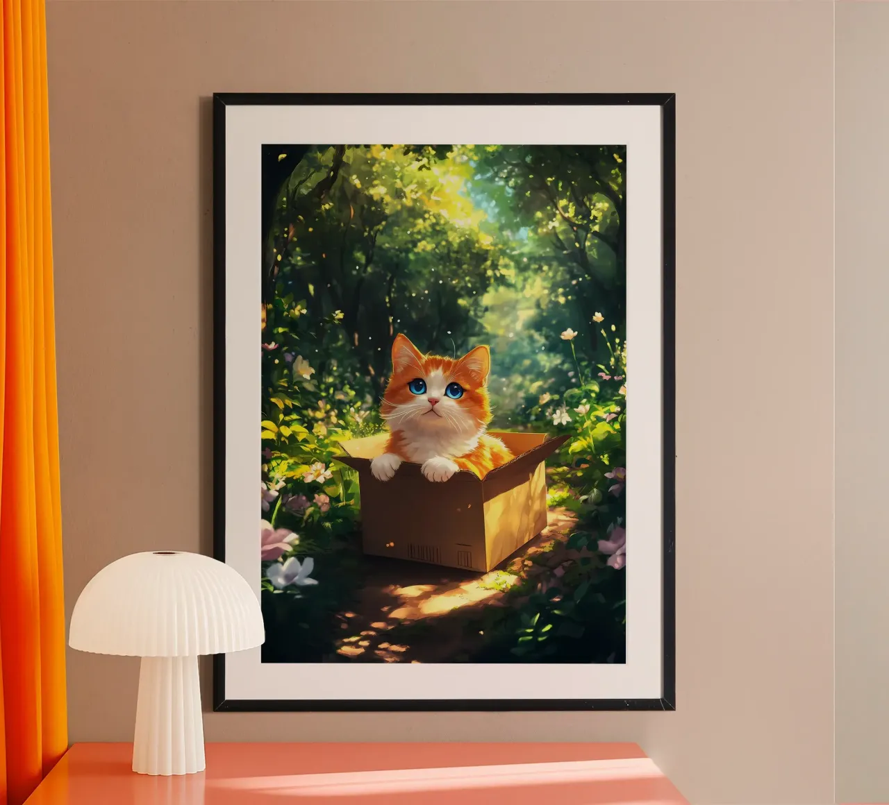 Gatto su una scatola nella foresta carta hahnemühle da Ginnery