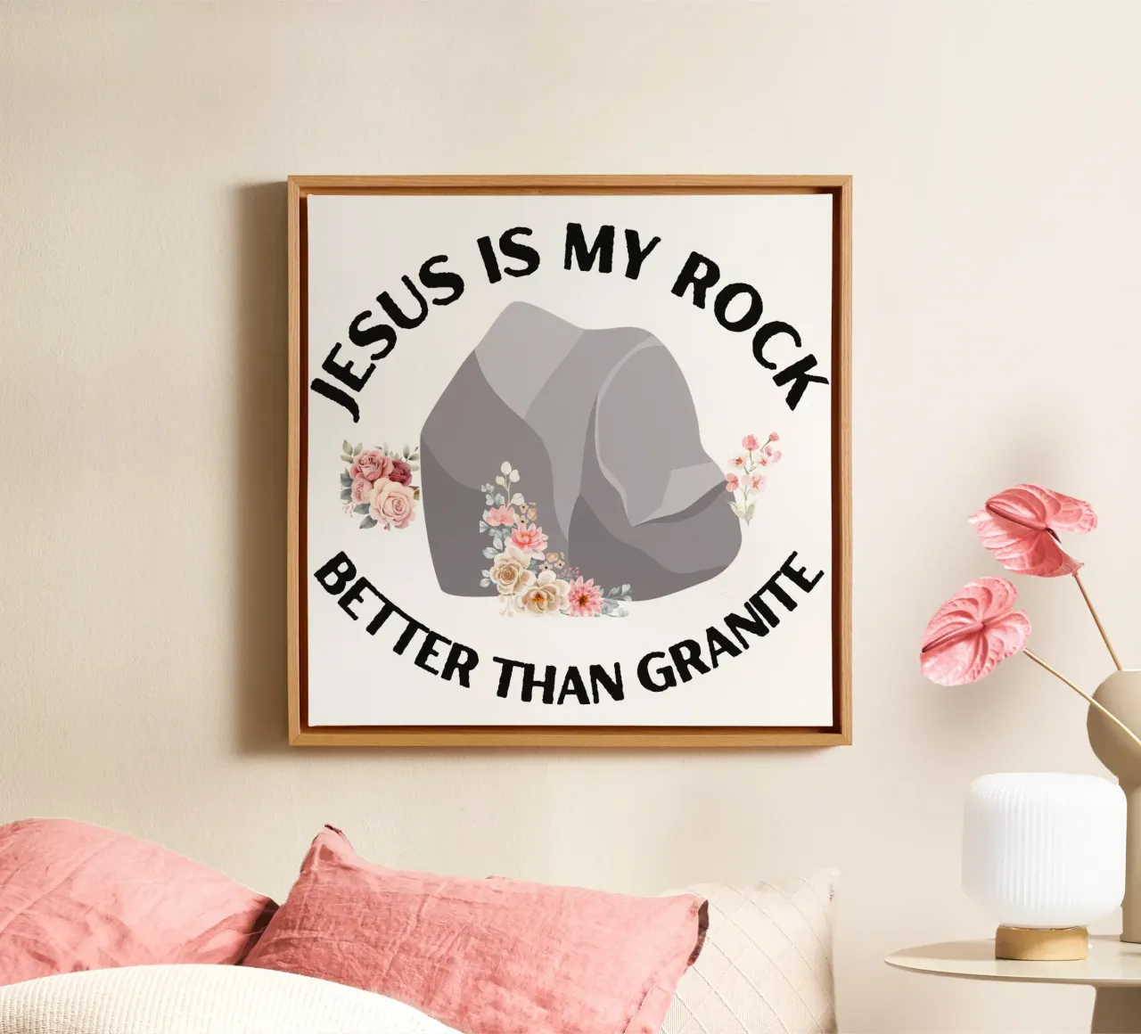 Rocks may be tough, but cannot compare to strength of Jesus canvas with Floater frame by Lionandlamb