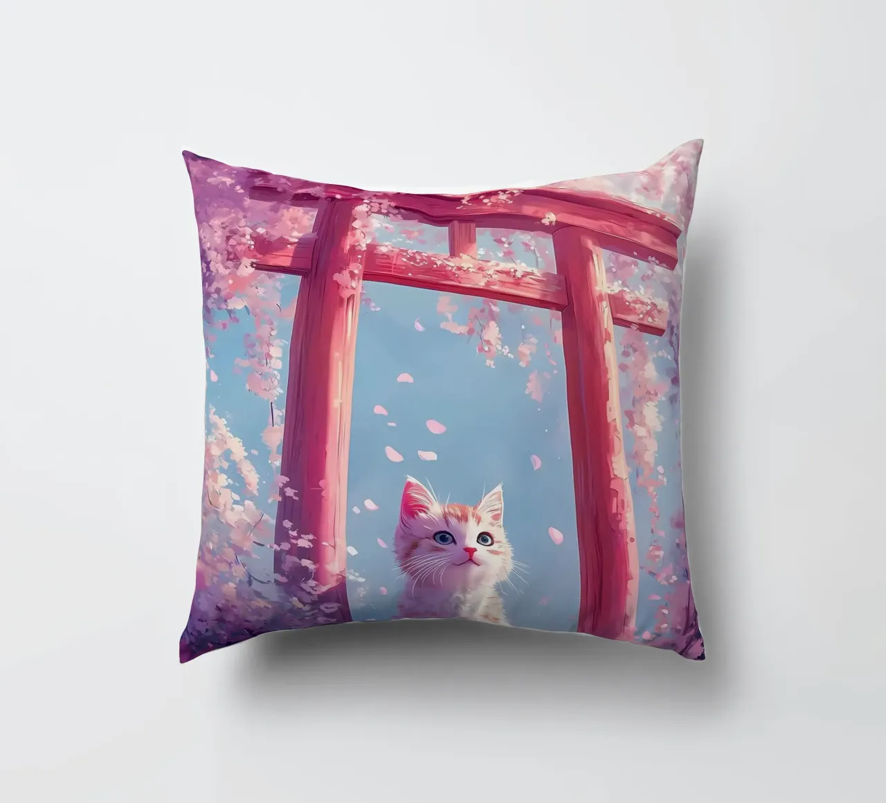 Gatto in fiore di ciliegio Torii cuscino da Ginnery