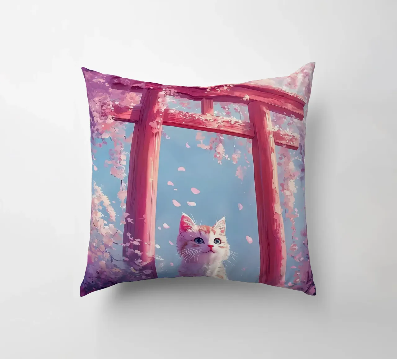 Gatto in fiore di ciliegio Torii cuscino da Ginnery