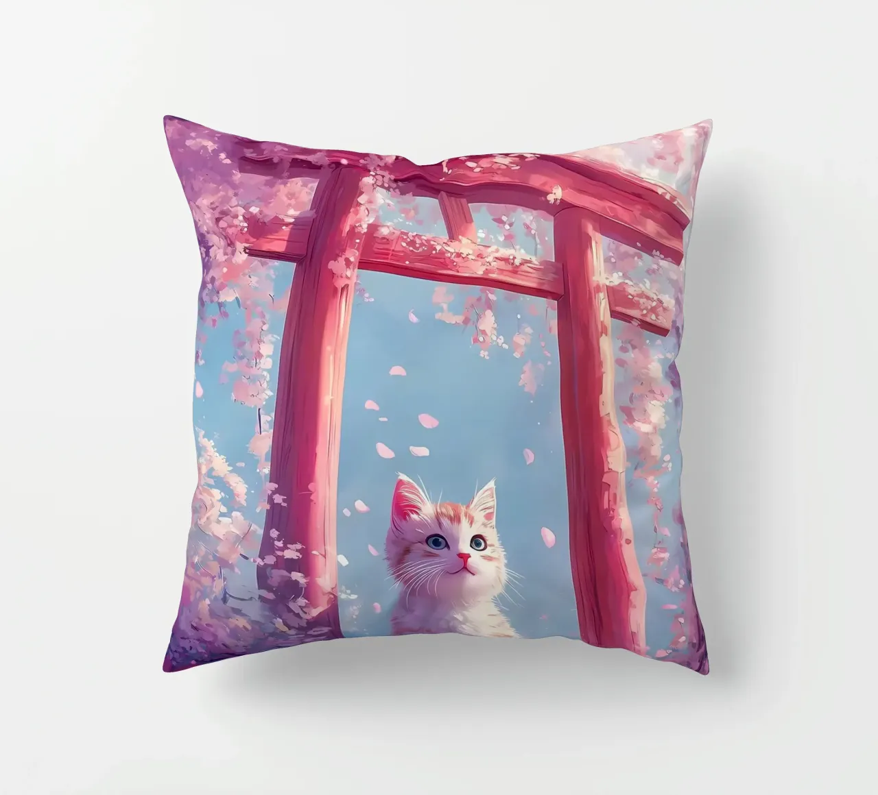 Gatto in fiore di ciliegio Torii cuscino da Ginnery