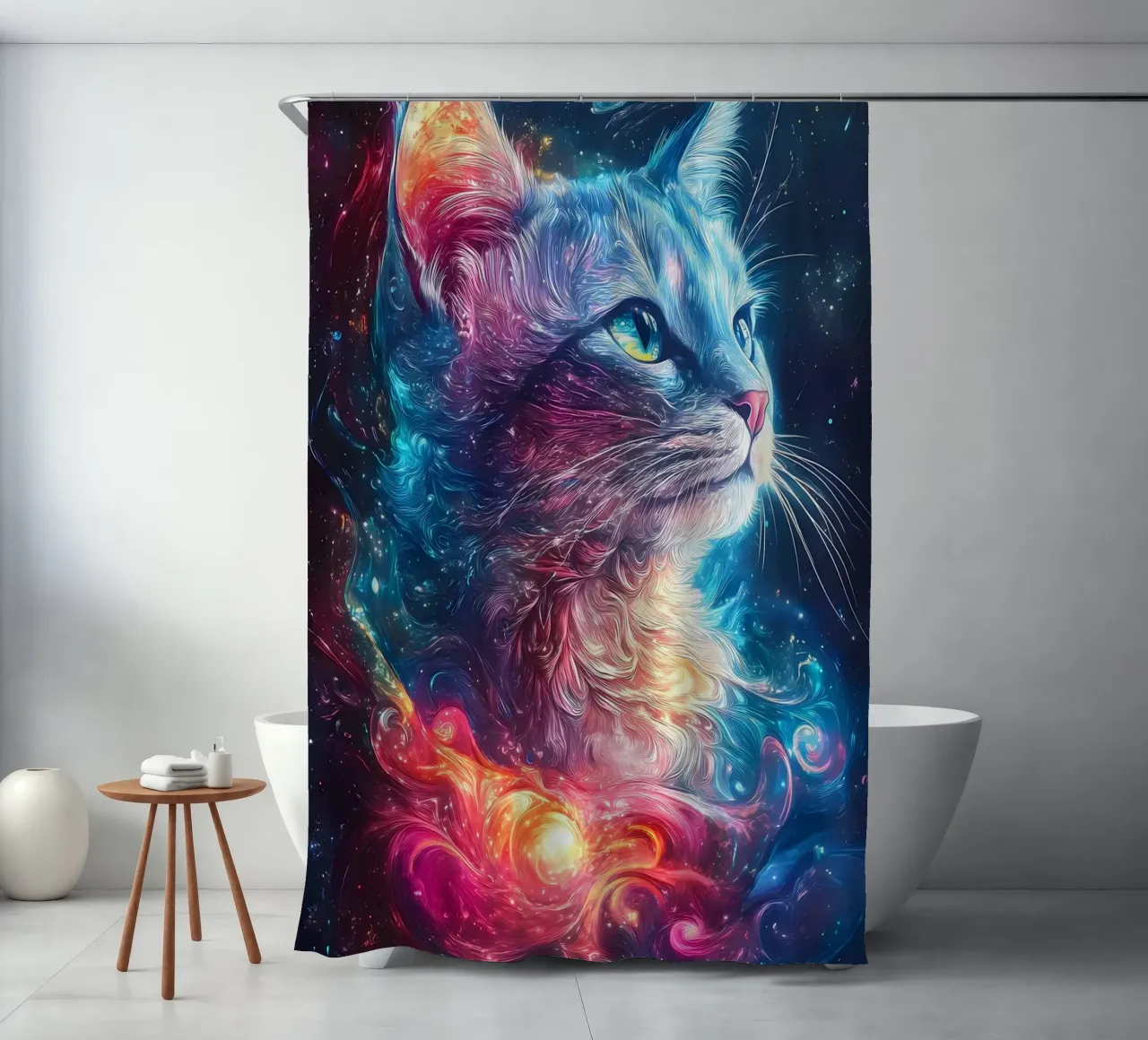 Space Cat Galaxy shower curtain by Ginnery