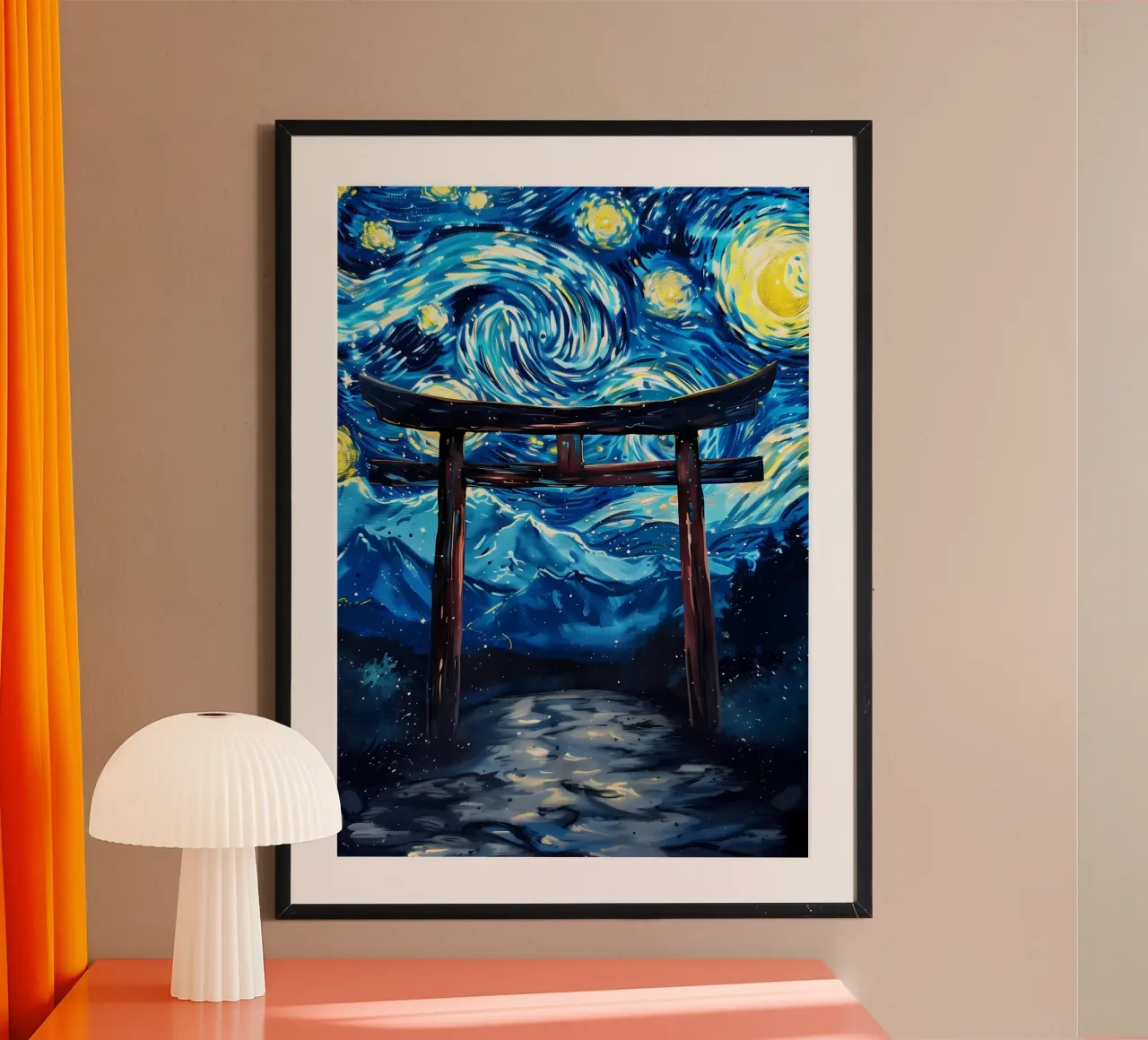 Porta Torii Notte Stellata poster con telaio in alluminio da Ginnery