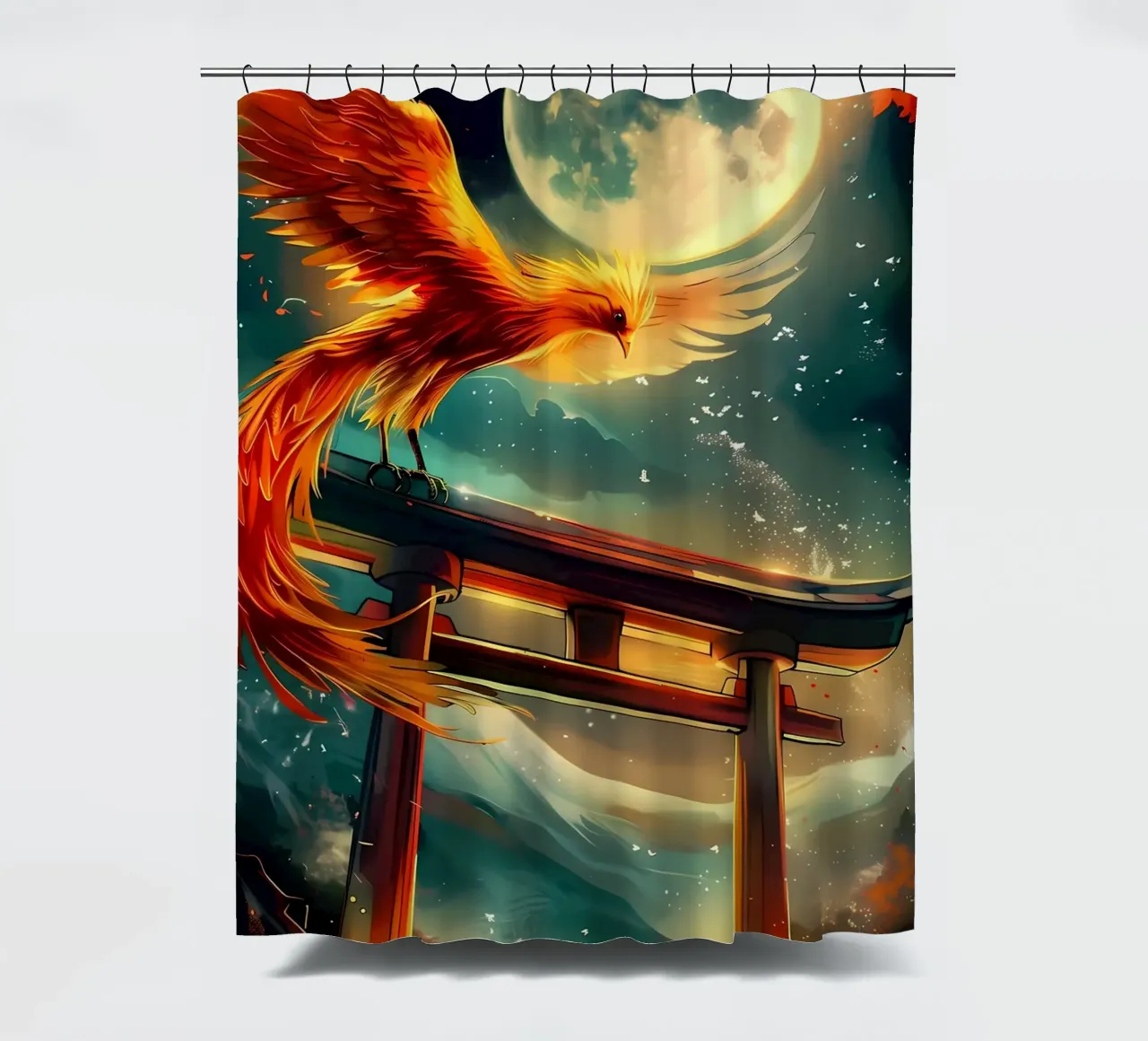 Phoenix Rising Torii shower curtain by Ginnery