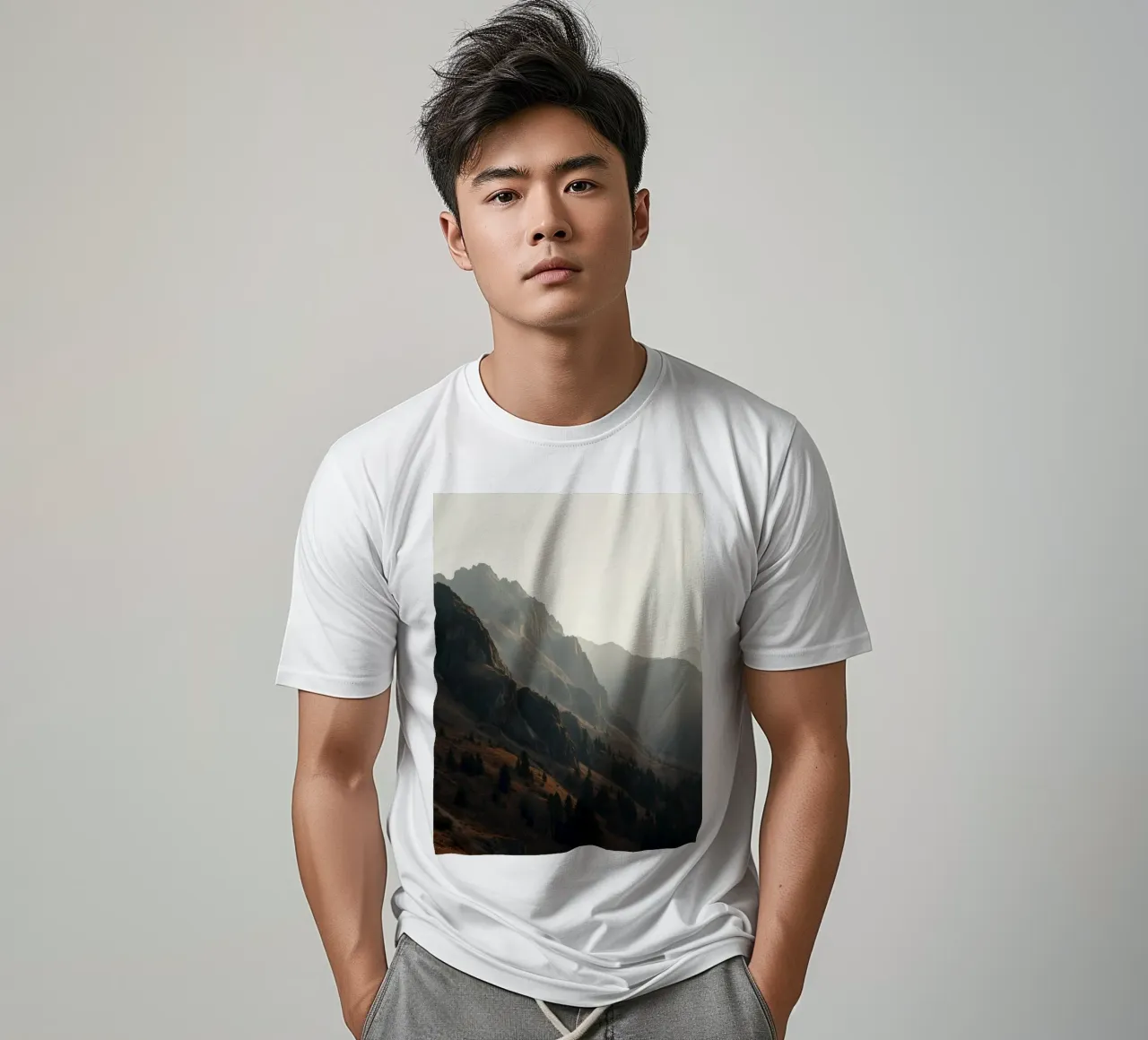 Vue majestueuse sur les montagnes avec des sommets embrumés sous un doux soleil t-shirt de DesignDoodle