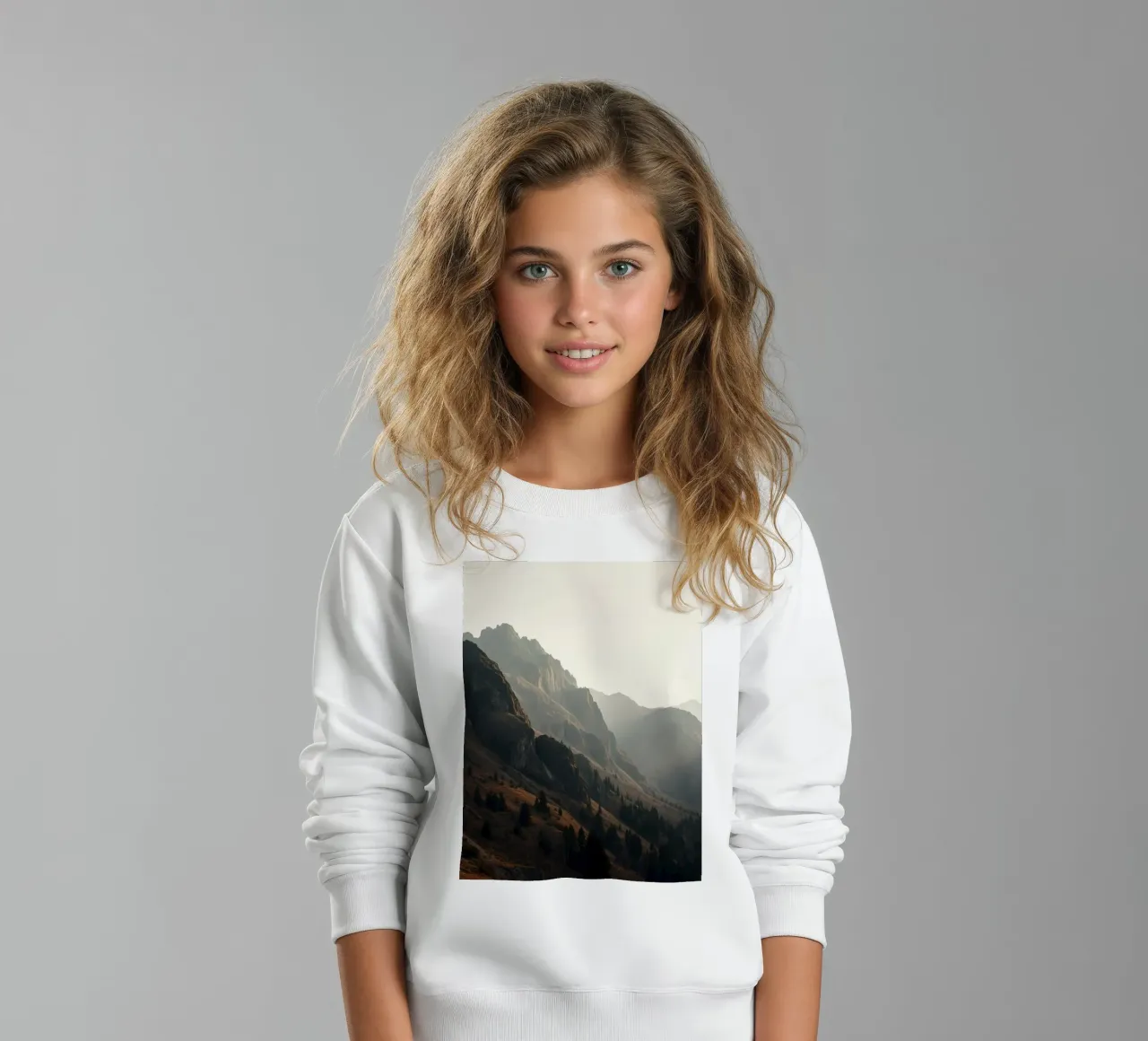 Majestic mountain view with misty peaks under soft sunlight kids sweatshirt by DesignDoodle