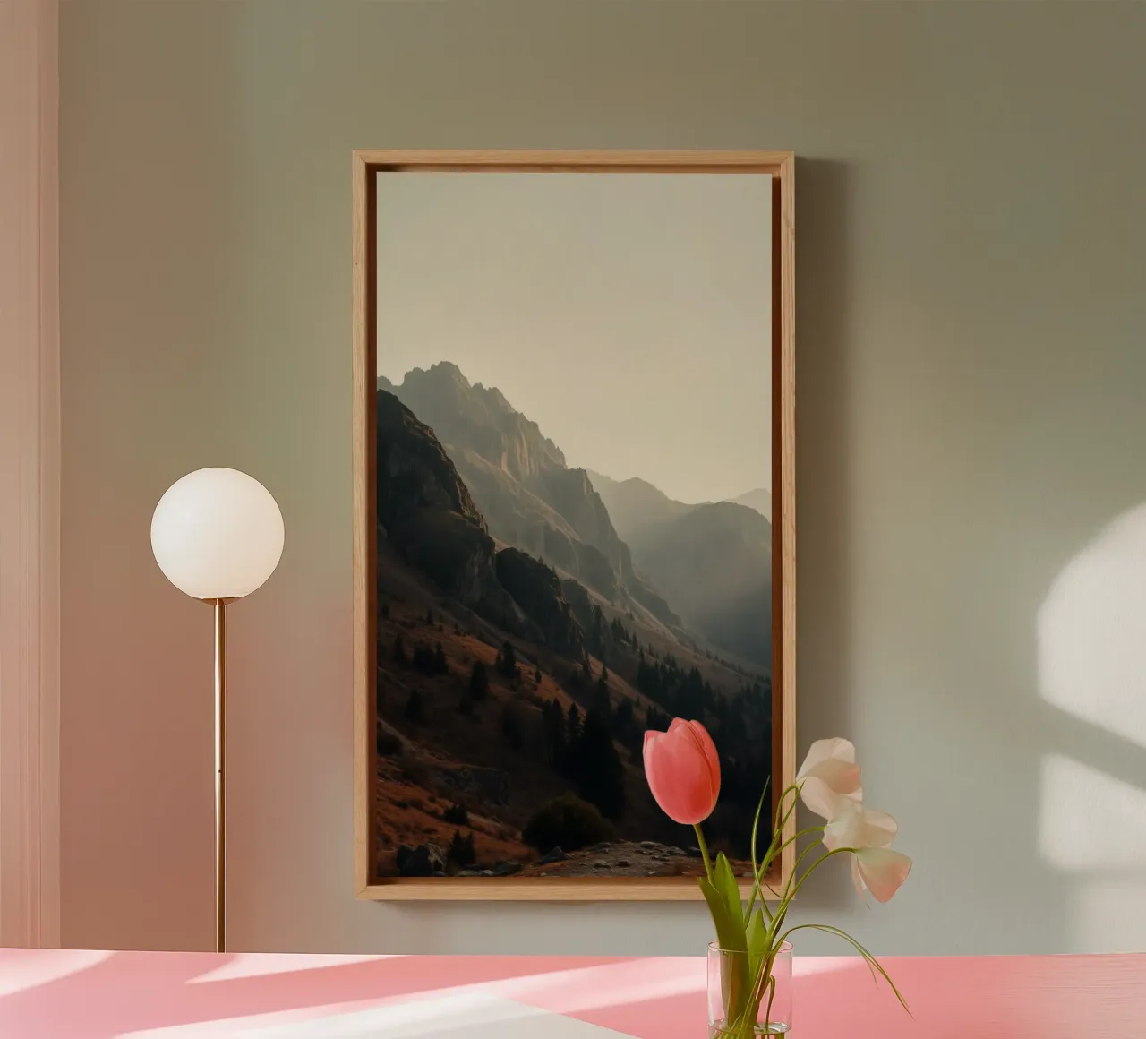 Majestic mountain view with misty peaks under soft sunlight canvas with Floater frame by DesignDoodle