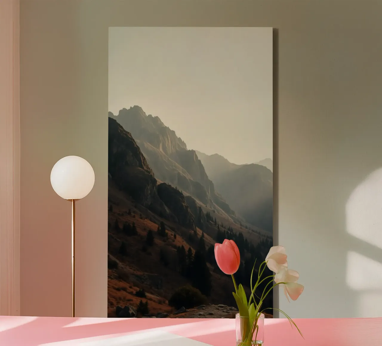 Majestic mountain view with misty peaks under soft sunlight canvas with Floater frame by DesignDoodle
