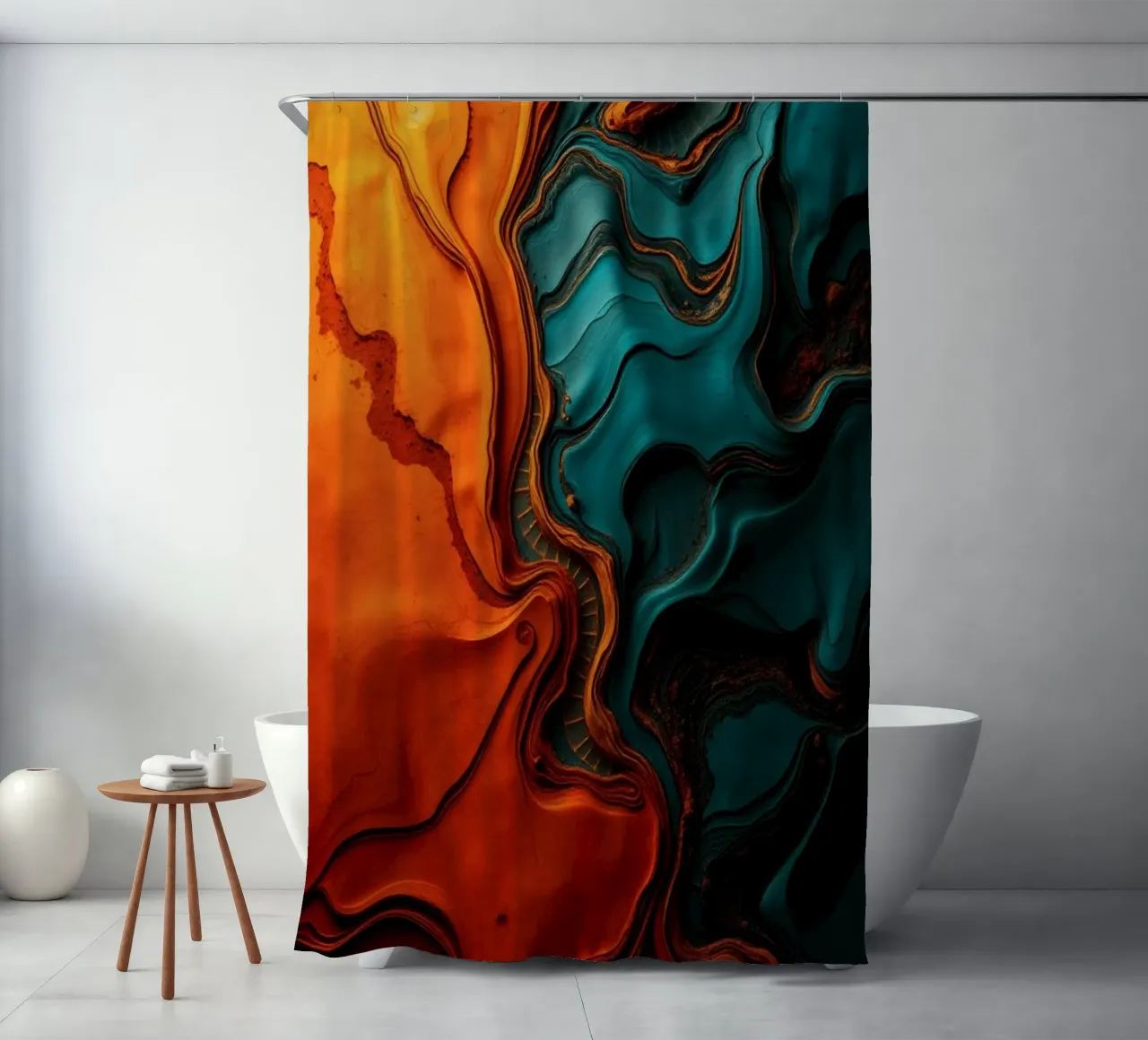 Dynamic abstract design with vibrant orange and turquoise shower curtain by DesignDoodle