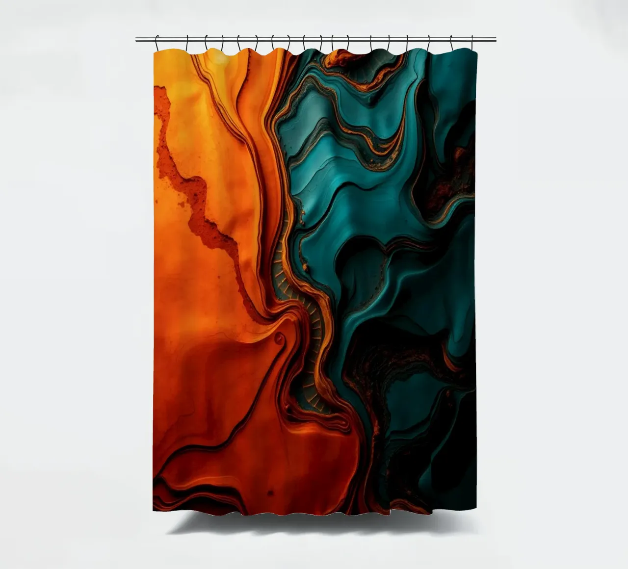Dynamic abstract design with vibrant orange and turquoise shower curtain by DesignDoodle