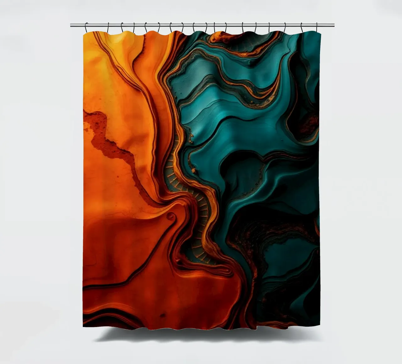 Dynamic abstract design with vibrant orange and turquoise shower curtain by DesignDoodle