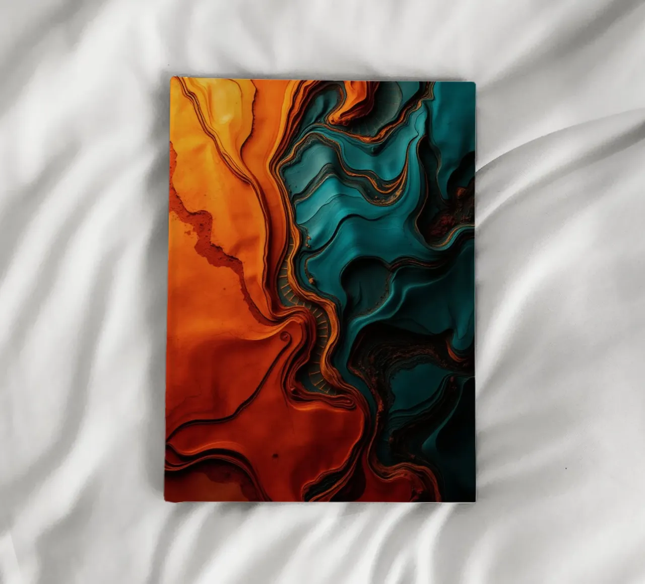 Dynamic abstract design with vibrant orange and turquoise notebook by DesignDoodle