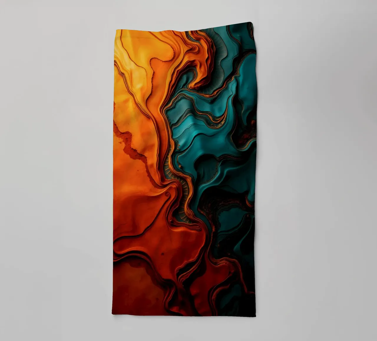 Dynamic abstract design with vibrant orange and turquoise towel by DesignDoodle