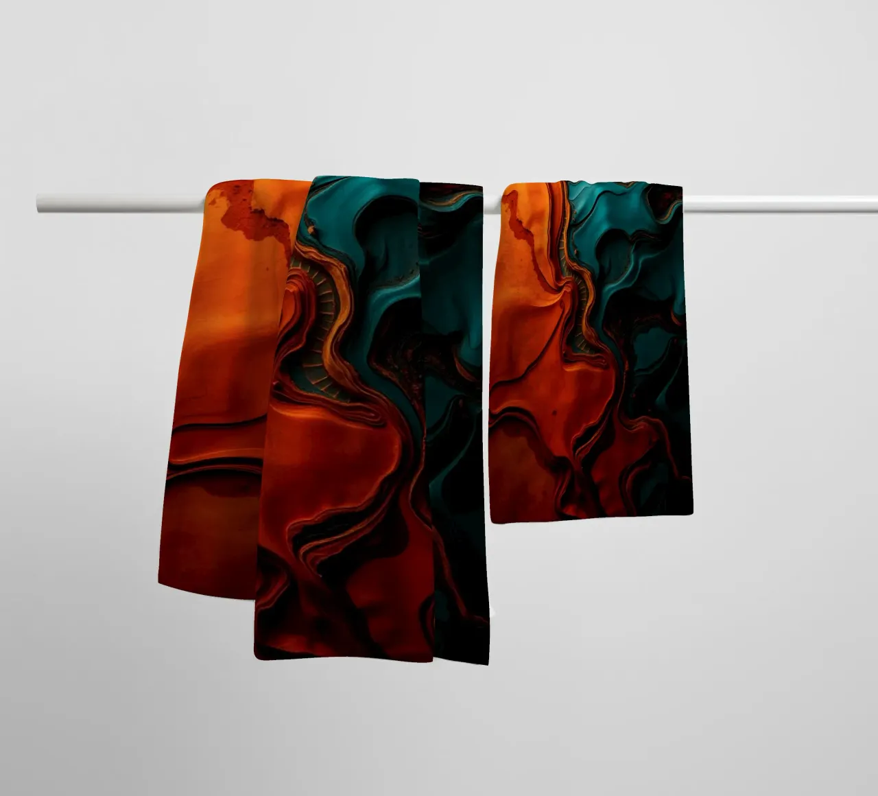Dynamic abstract design with vibrant orange and turquoise towel by DesignDoodle