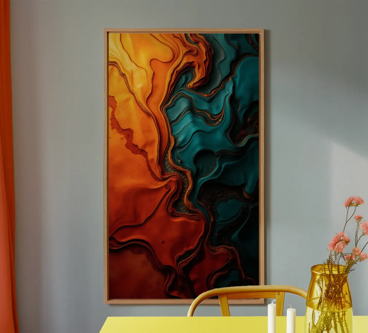 Dynamic abstract design with vibrant orange and turquoise alu-dibond by DesignDoodle