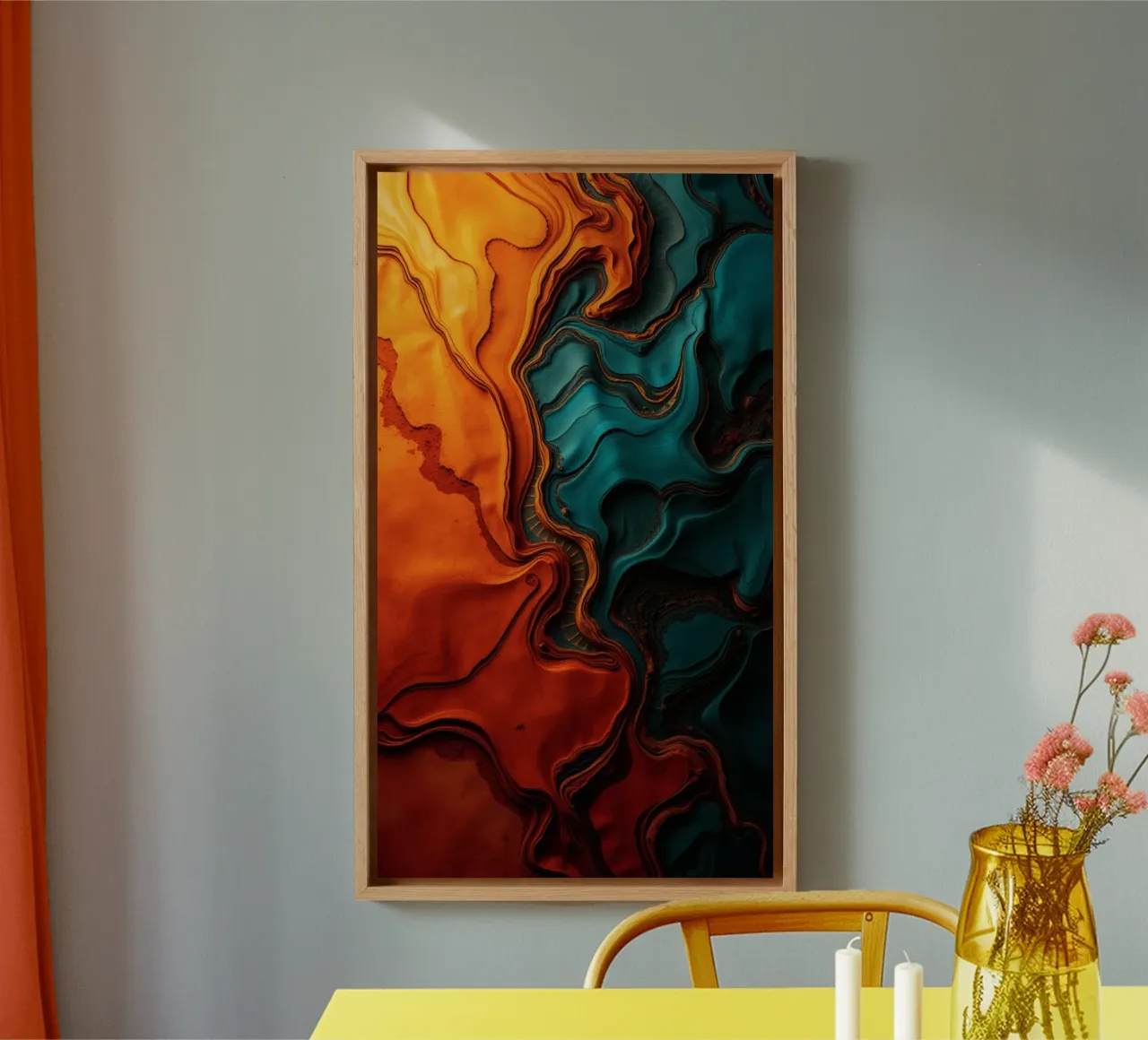 Dynamic abstract design with vibrant orange and turquoise canvas by DesignDoodle