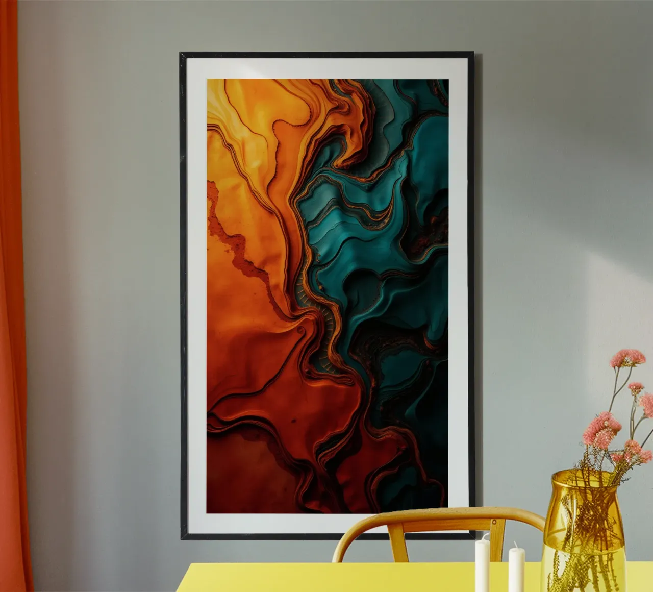 Dynamic abstract design with vibrant orange and turquoise hahnemühle by DesignDoodle