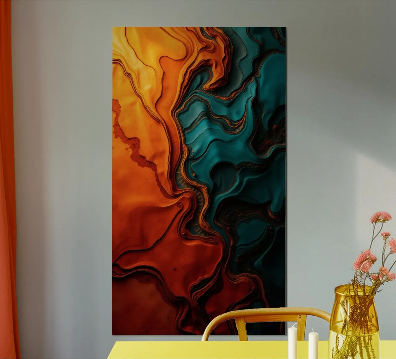 Dynamic abstract design with vibrant orange and turquoise hahnemühle by DesignDoodle