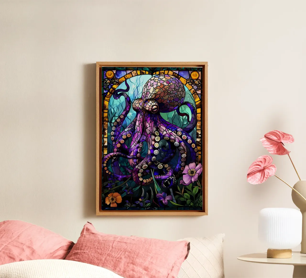 Octopus in glas-in-lood canvas met Baklijst van Ginnery