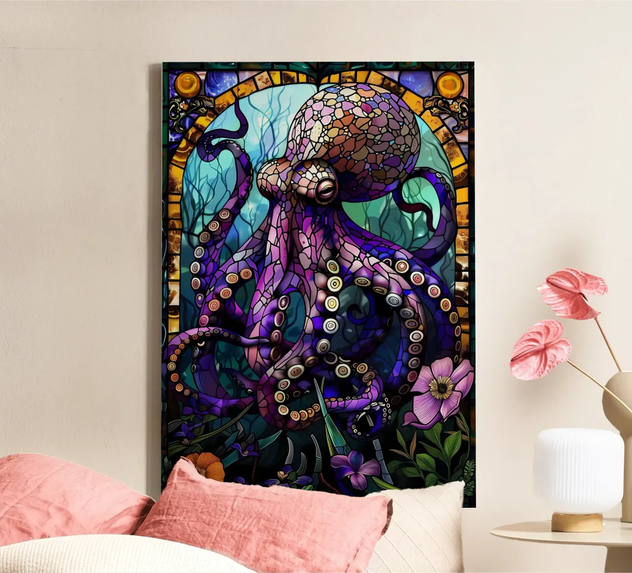 Octopus in glas-in-lood canvas met Baklijst van Ginnery