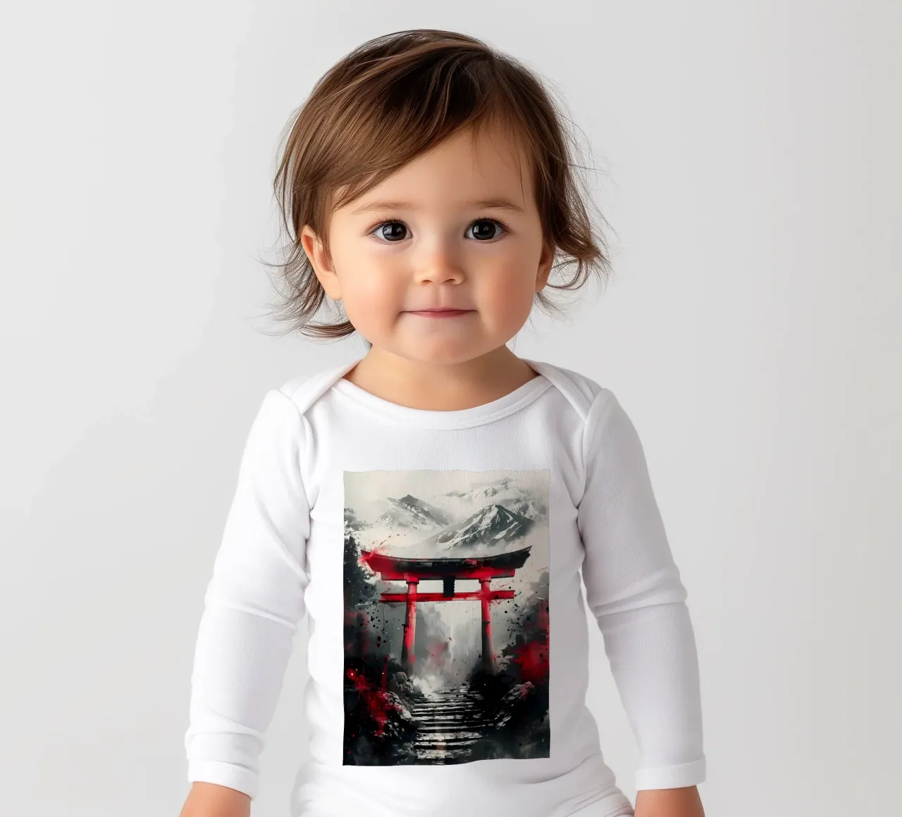 Japanese Torii Gate Ink long-sleeve baby romper by Ginnery