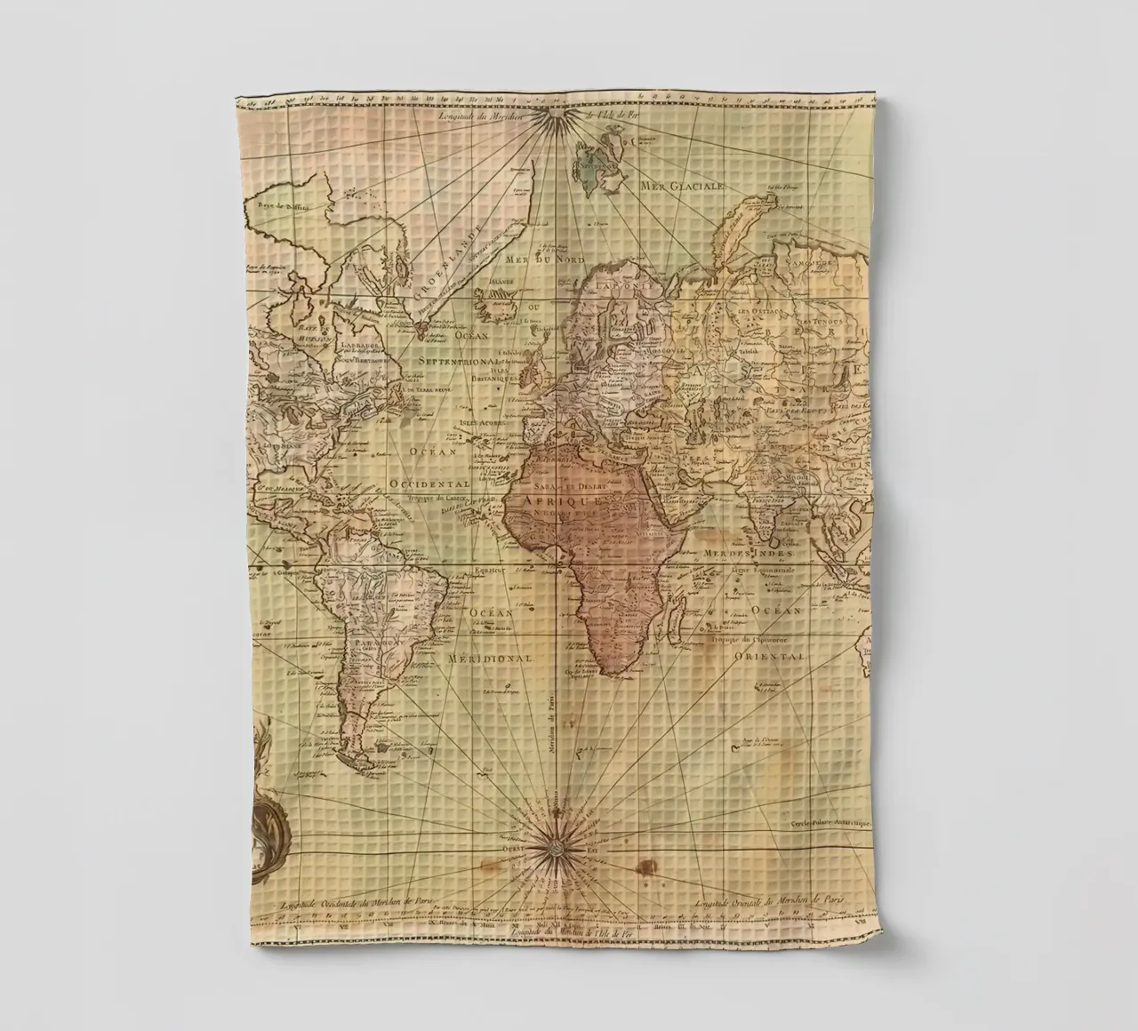Ancienne carte du monde Vintage torchon de Mikesell