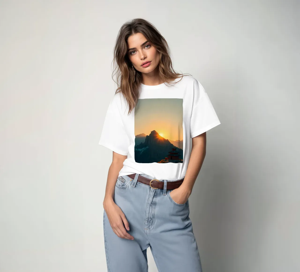 Sunset view over mountains with traditional structure t-shirt by DesignDoodle