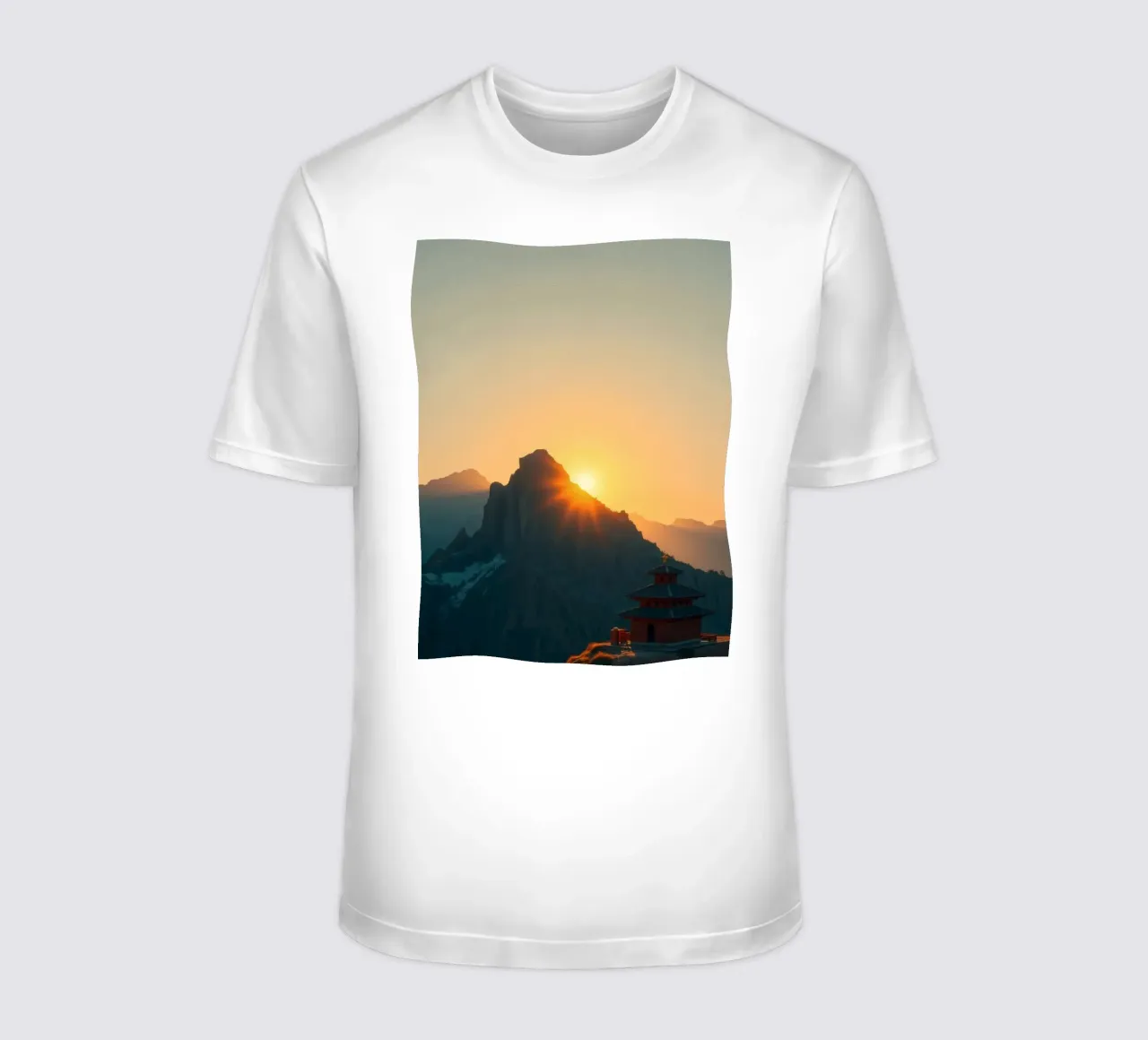 Sunset view over mountains with traditional structure t-shirt by DesignDoodle